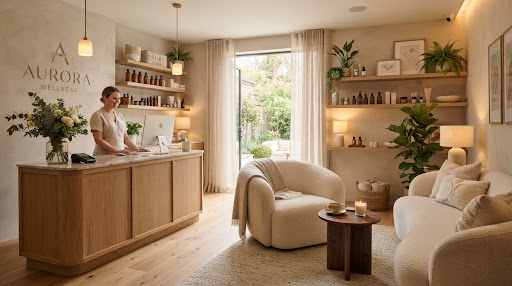 Área de recepción y sala de relax del estudio con mobiliario de diseño e iluminación cálida